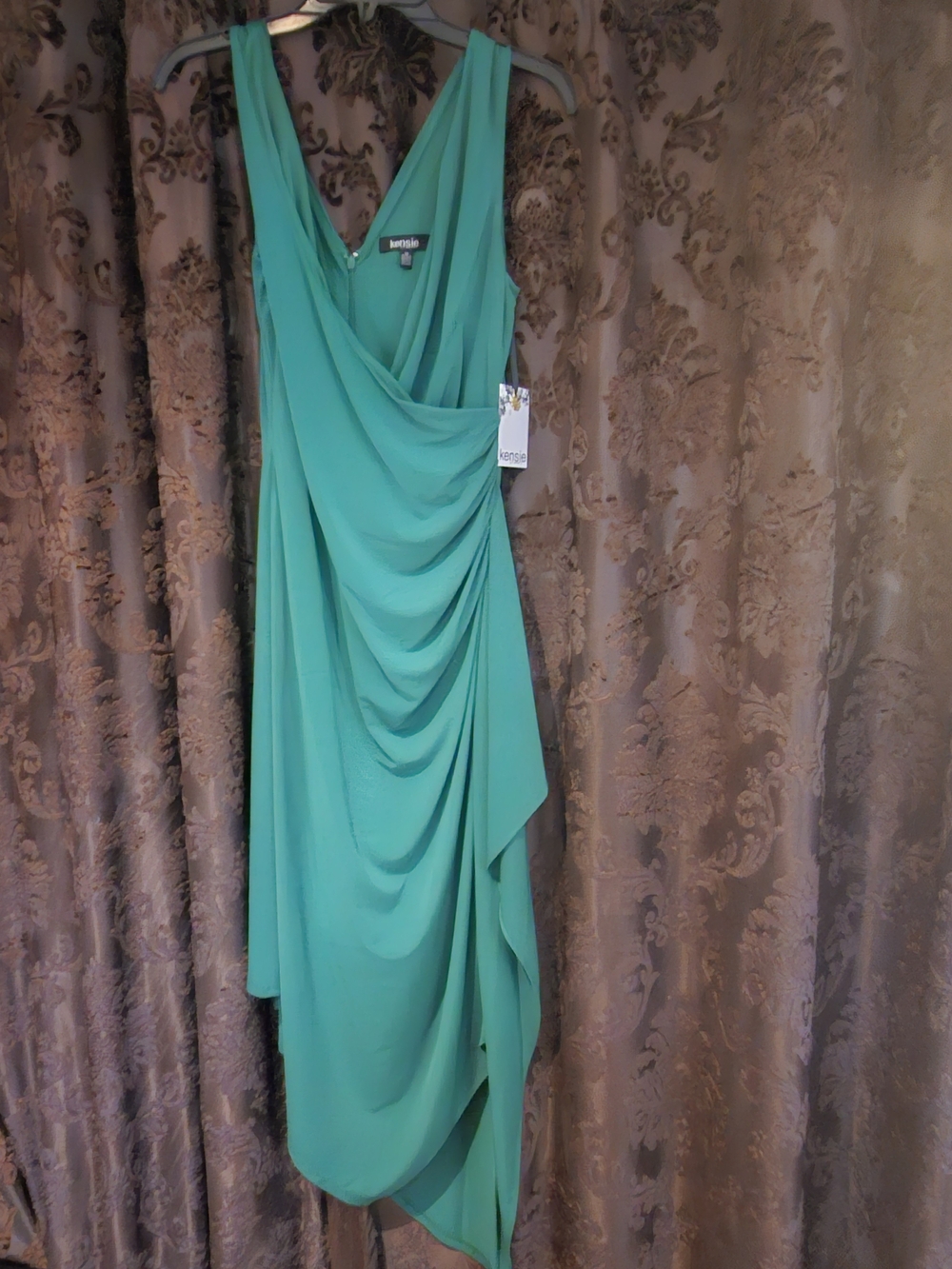 kensie Teal Green Asymmetrical Draped Cocktail Dress